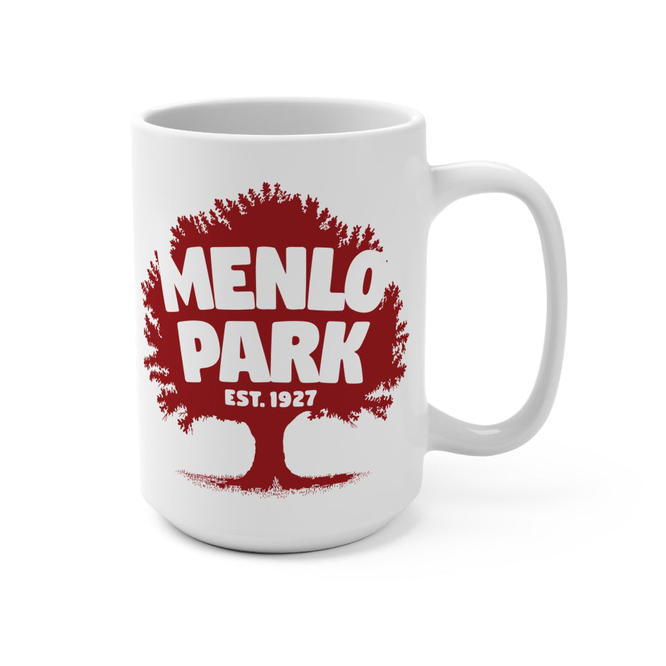 White mug with red and white 'Menlo Park Est. 1927' design on a white background