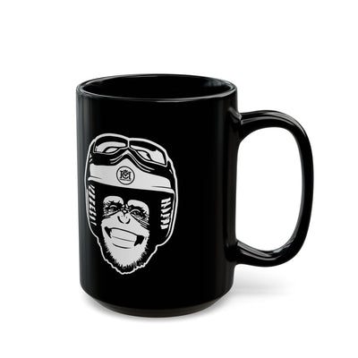 moto monkey design from crown moto in white ink on black ceramic mug, motorcycle lifestyle, motorbikes, gifts for riders, gifts for him, gifts for her, gifts for motorcyclists