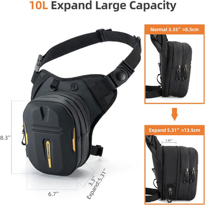 Black expandable shoulder bag with measurements on a white background