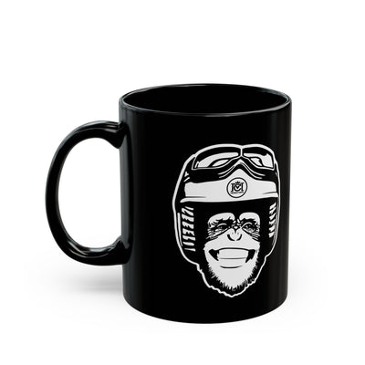 moto monkey design from crown moto in white ink on black ceramic mug, motorcycle lifestyle, motorbikes, gifts for riders, gifts for him, gifts for her, gifts for motorcyclists