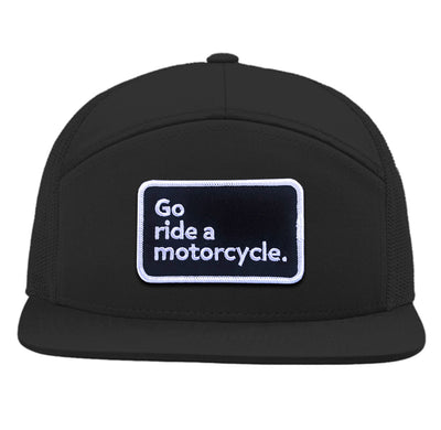 go ride a motorcycle, 7-panel hat, hat, snapback, structured hat, mesh, trucker hat, patch, embroidered patch, go ride, crown moto