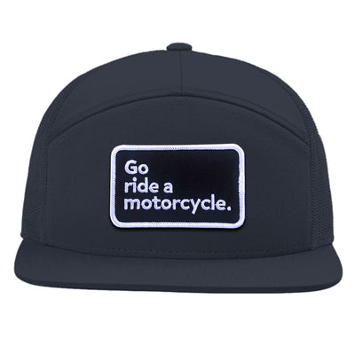 go ride a motorcycle, 7-panel hat, hat, snapback, structured hat, mesh, trucker, patch, embroidered patch, go ride, crown moto