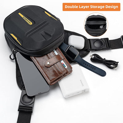 Black waist bag with double layer storage design, containing phone, wallet, watch, and power bank on a white background.
