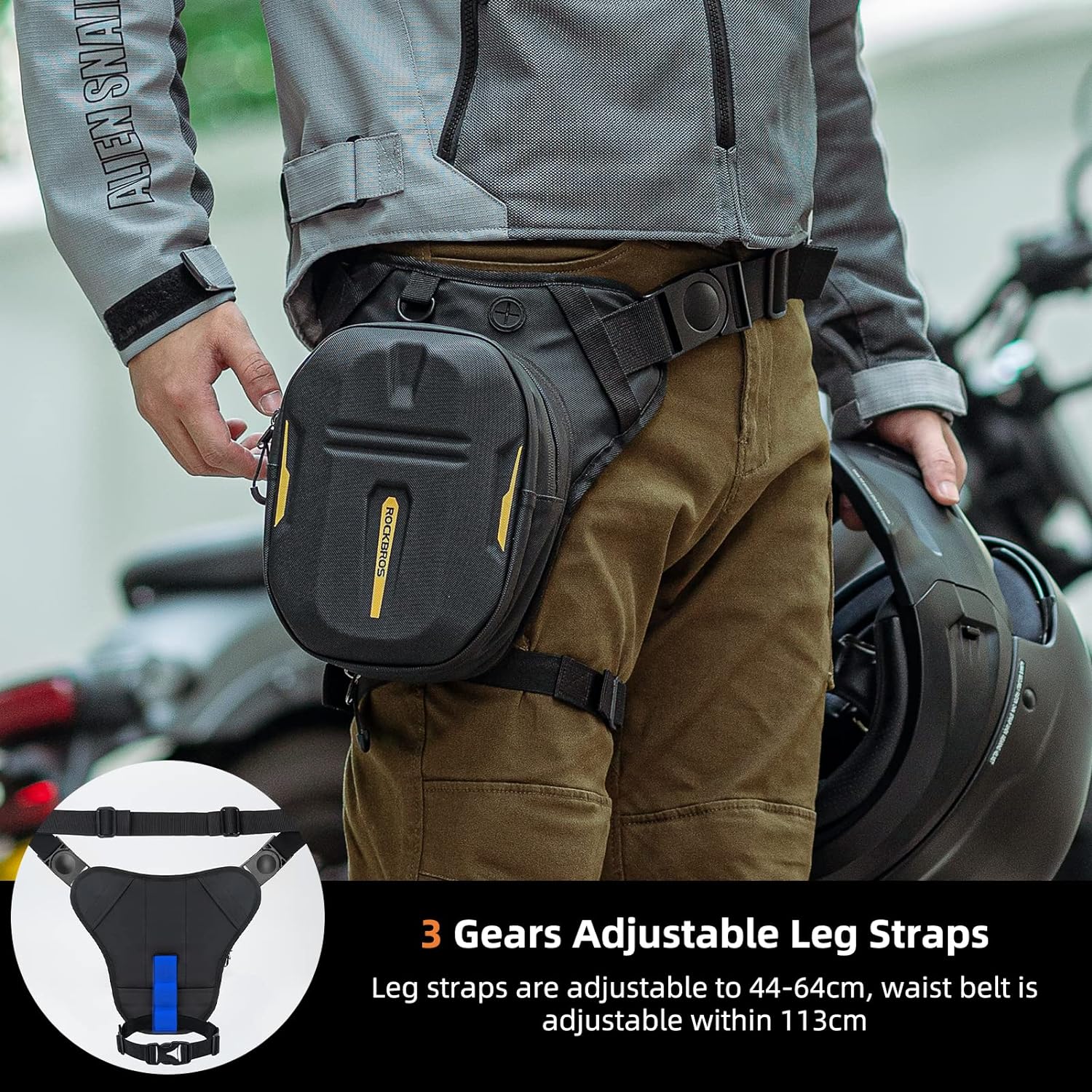 Person wearing a black waist bag with adjustable leg straps and waist belt, standing next to a motorcycle.
