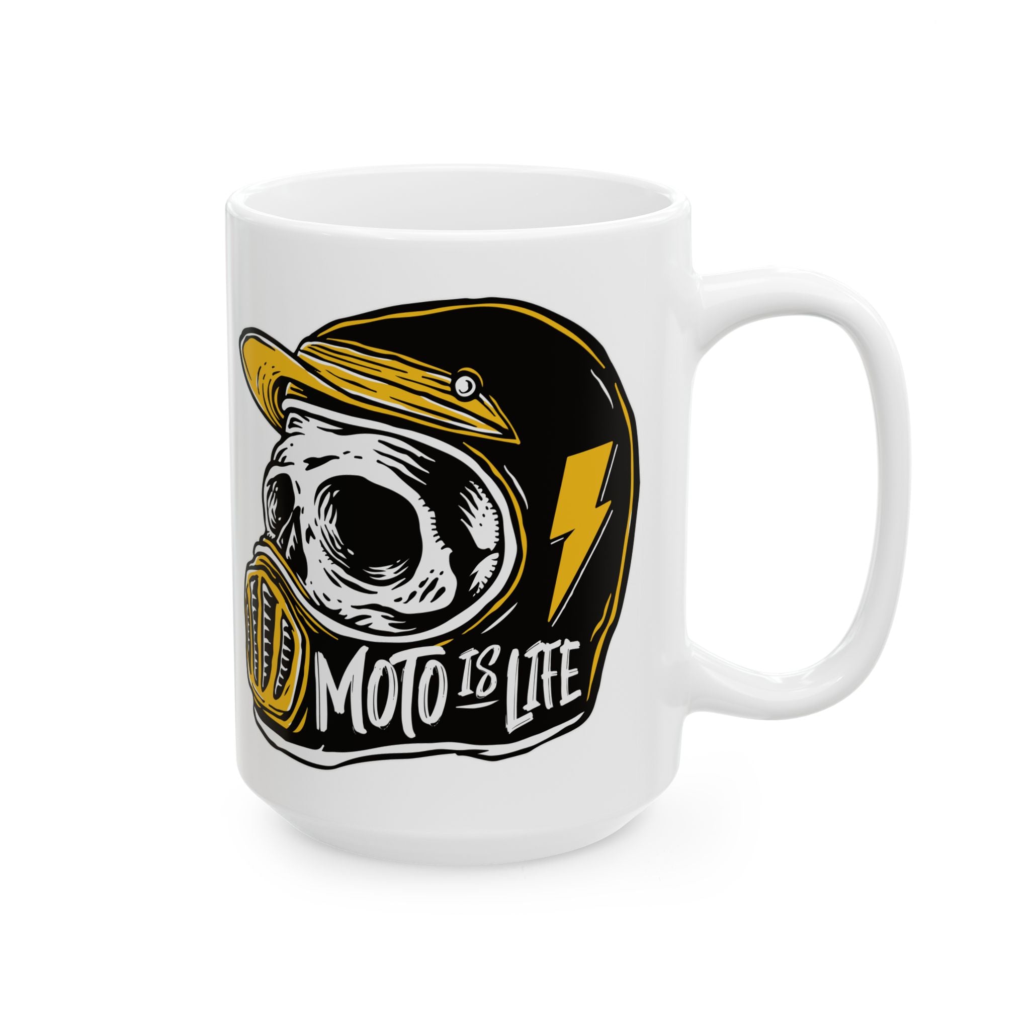Moto is Life white ceramic coffee mugs, motorcycle lifestyle, live to ride, ride to live, skull