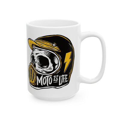 Moto is Life white ceramic coffee mugs, motorcycle lifestyle, live to ride, ride to live, skull