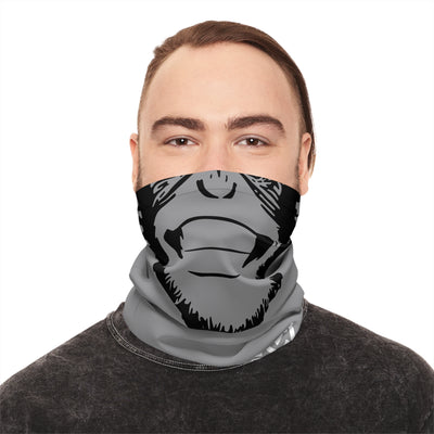 moto monkey design on both sides of grey neck gaiter, motorcycle accessory, neck buff, gifts for riders, gifts for motorcyclists, uv protection