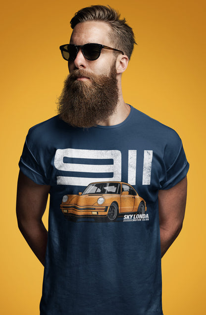 Man wearing short sleeve t-shirt with "Sky Londa Motor Club" Porsche 911 design on chest