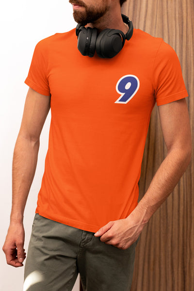 Man wearing highway 9 76 gas station parody design orange t-shirt