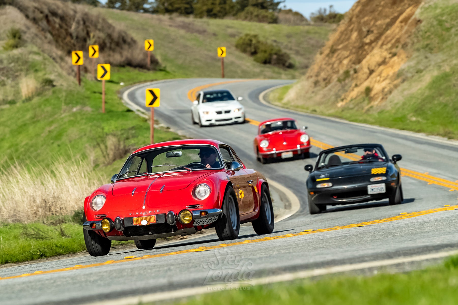 cars driving on skyline, woodside, drivers, alpine, miata, porsche, bmw, car photography, skylonda motor club, sky londa, crown moto brand