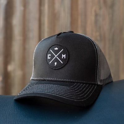 crown moto legend patch trucker hat, black grey, gray, mesh, branded, cobra, adjustable hat, motorcycle lifestyle, original design, embroidered, classic, contrast stitching