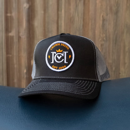 crown moto og logo black and grey snapback trucker hat, motorcycle lifestyle, motorcycles, motorbikes, logo, trademark, est 1998, branded, og