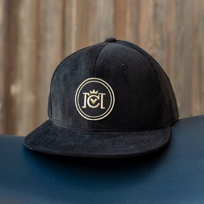 crown moto gold standard corduroy snapback hat, metallic thread, embroidered patch, logo, brand, trademark, gold thread, premium, structured, flat brim