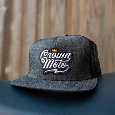 Crown Moto Script Black Denim Trucker Hat
