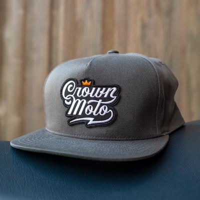 crown moto script patch charcoal snapback hat, brand, motorcycle lifestyle, cotton, motorcycle hats, motorbike, script logo, trademark, flat brim