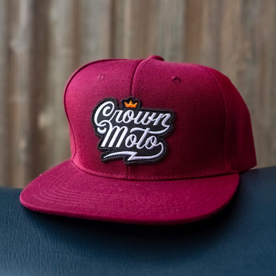 crown moto script patch maroon snapback hat, quality, structured, flat brim, riveted, embroidered patch