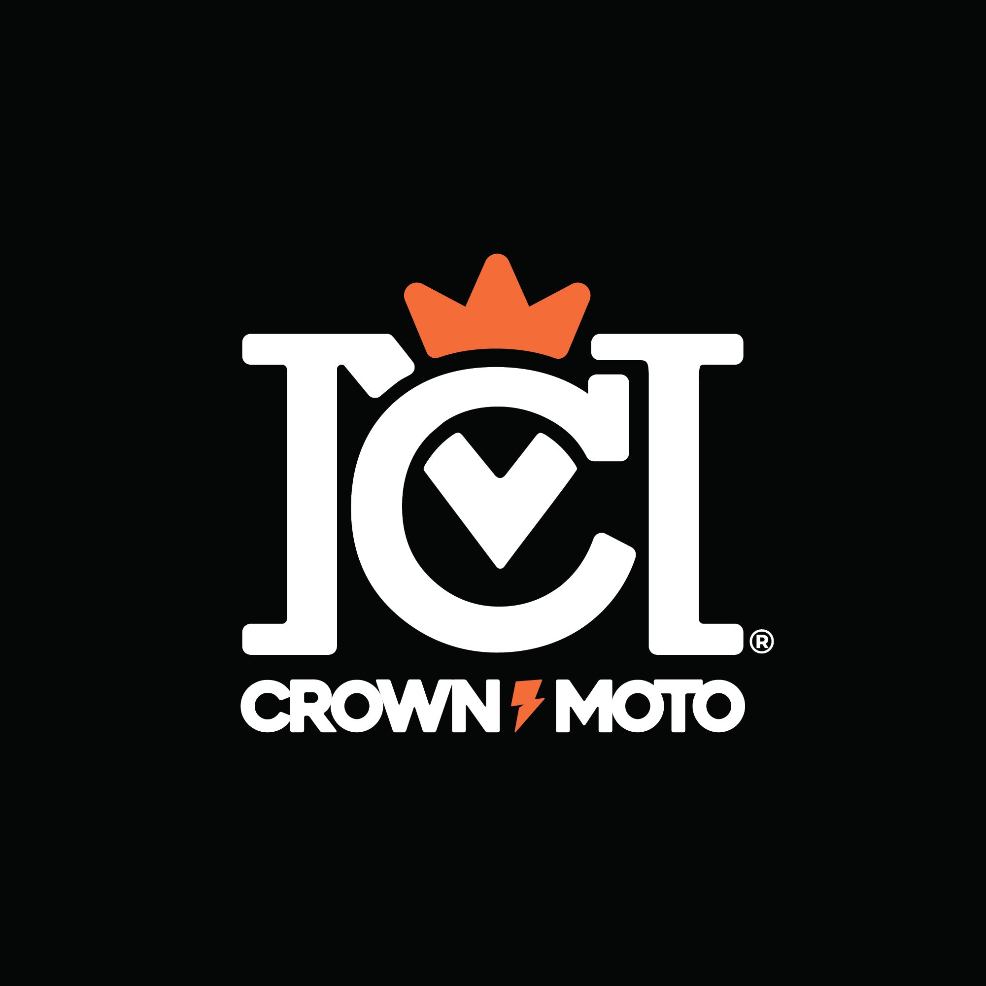 "Crown Moto" registered trademarked logo in white and orange on black background