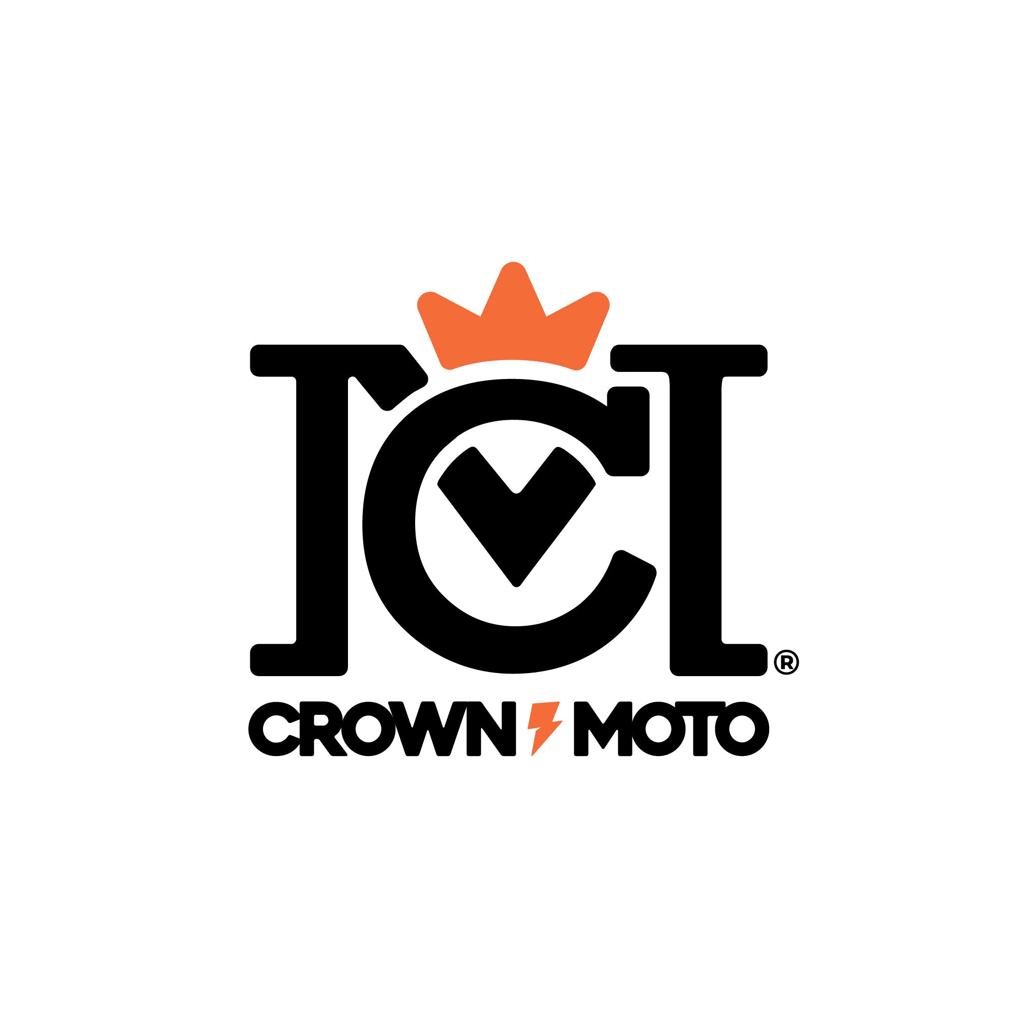 "Crown Moto" registered trademarked logo in black and orange on white background
