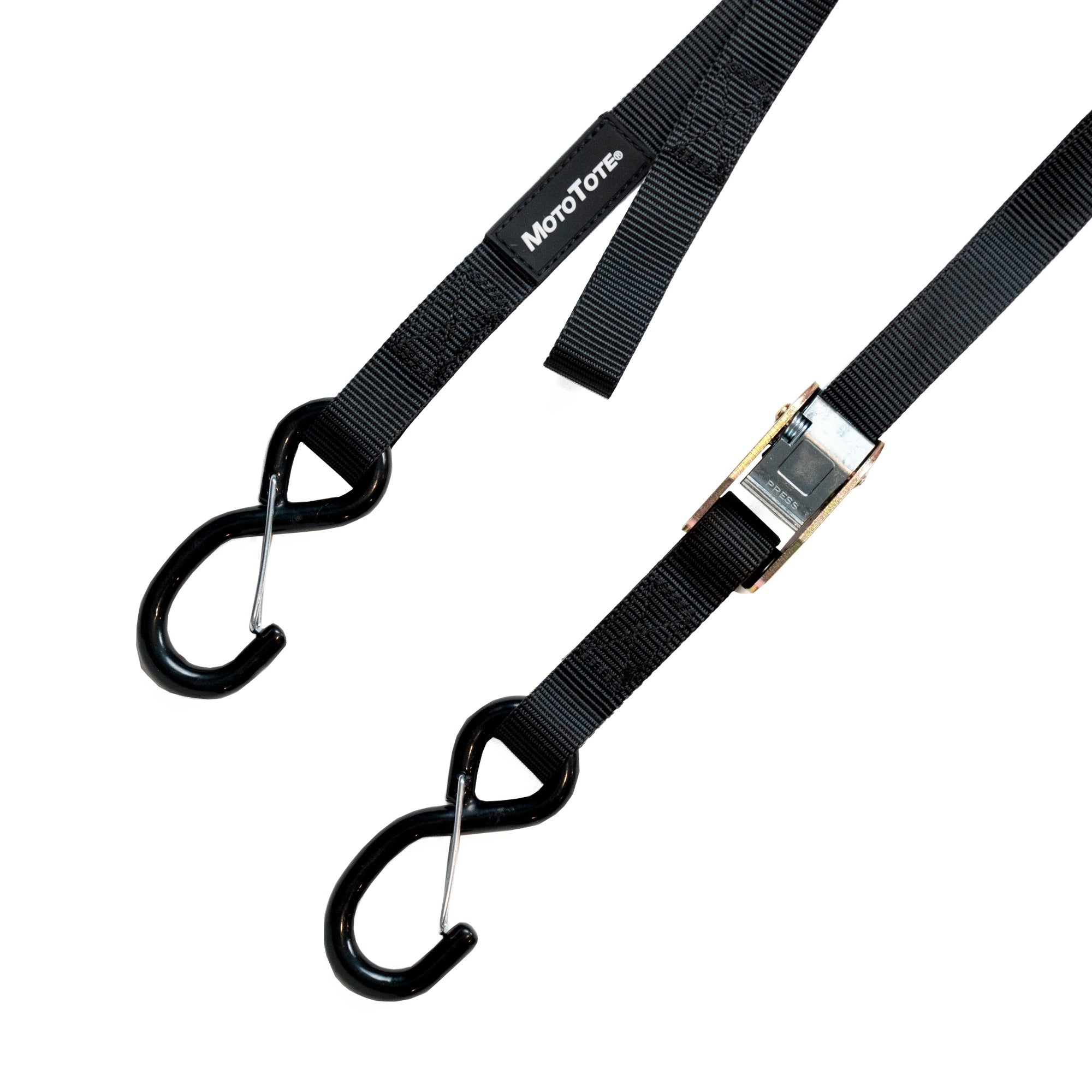 Black strap with metal hooks and a visible brand logo on a white background