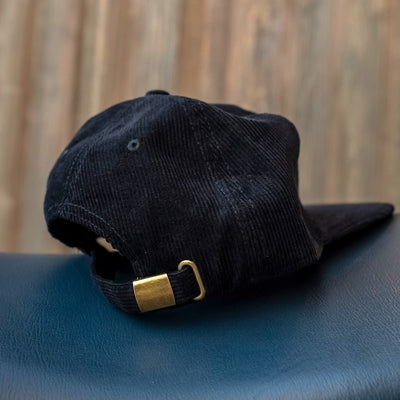 limited edition go ride a motorcycle corduroy hat, go ride a motorcycle, motorcycles, motorbikes, corduroy, buckle, bronze, rivet, crown moto, embroidered patch, adjustable buckle, black