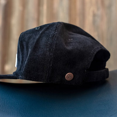 limited edition go ride a motorcycle corduroy hat, original crown moto branded bronze rivet, crown moto, embroidered patch, adjustable, black