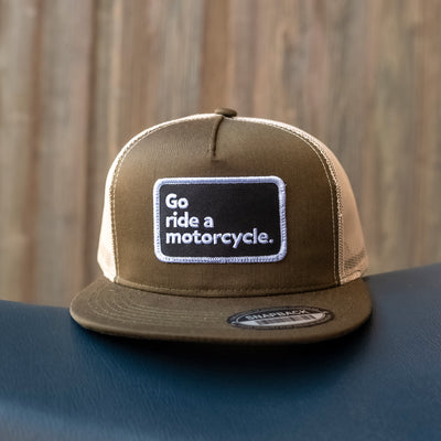 "Go ride a motorcycle" brown & khaki Snapback Trucker Hat, bronze crown moto brand rivet on back