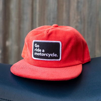 limited edition go ride a motorcycle corduroy hat, go ride a motorcycle, motorcycles, motorbikes, corduroy, buckle, bronze, rivet, crown moto, embroidered patch, adjustable