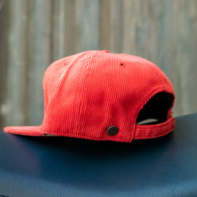 limited edition go ride a motorcycle corduroy hat, crown moto branded bronze rivet, crown moto, embroidered patch, adjustable