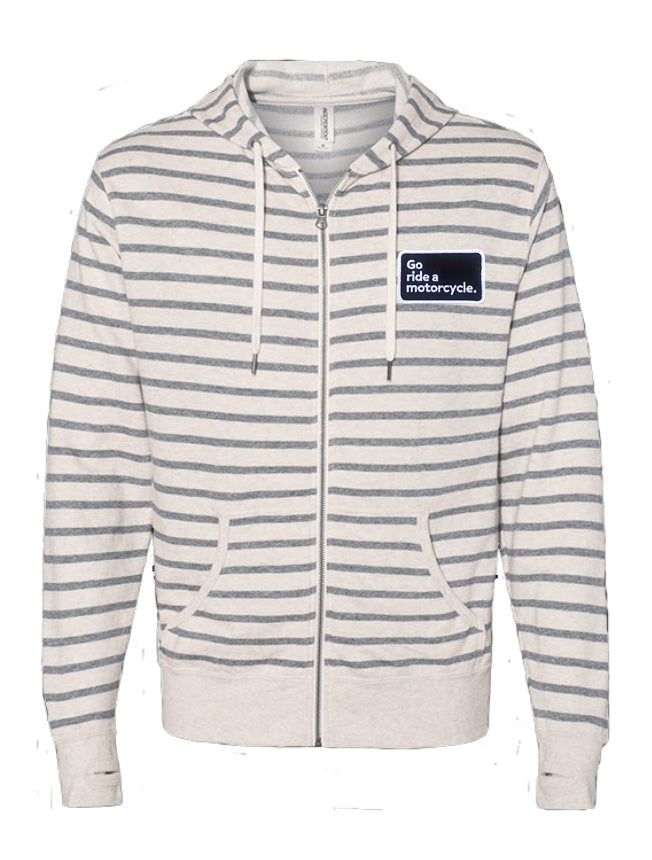 "Go ride a motorcycle" patch sewn on left chest of grey and white striped hooded sweatshirt