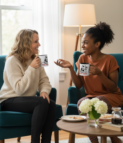 Two women sitting on a couch in a living room, holding NO KINGS mugs and smiling.