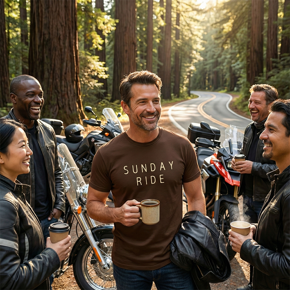 Group of people with motorcycles in a forest setting, enjoying a coffee.