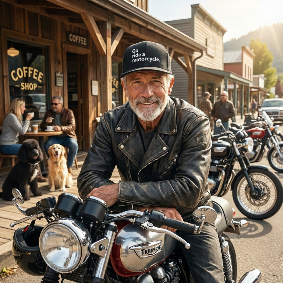 Man wearing a "Go ride a motorcycle" hat on a motorcycle in front of a coffee shop with other people and motorcycles in the background.