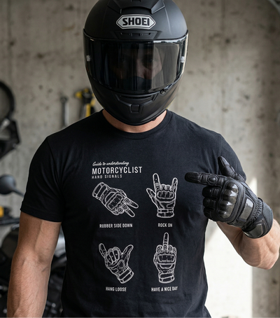 Man in motorcycle helmet wearing a Crown Moto Motorcyclist Hand Signals t-shirt
