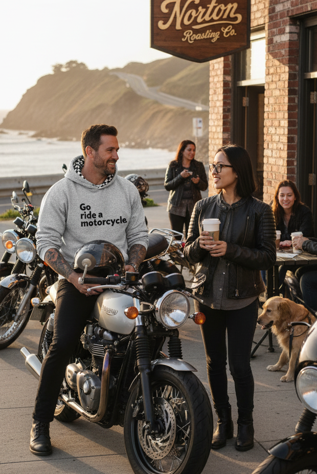 Man wearing a "Go ride a motorcycle" checkered flag hoodie sitting on a motorcycle with a woman holding a coffee cup in front of a coffee shop on the coast