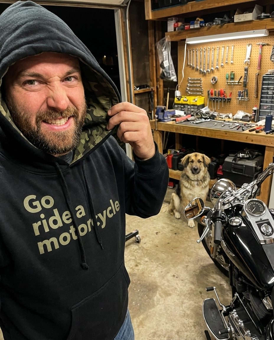 Man wearing a hoodie with 'Go ride a motorcycle' camouflage lined hoodie in a garage with tools and a dog.