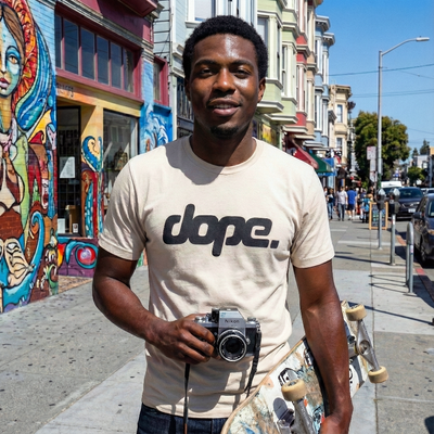 Man wearing a dope. t-shirt on the street with a vintage nikon camera and skateboard in his hands 