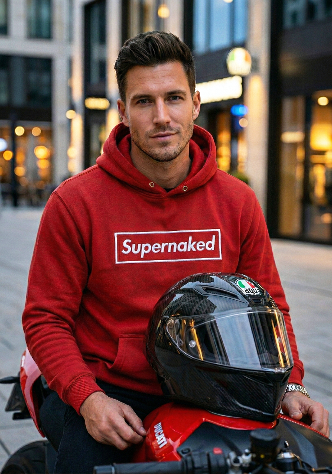 Man wearing a red 'Supernaked' embroidered hoodie holding a helmet on a motorcycle in an urban setting.