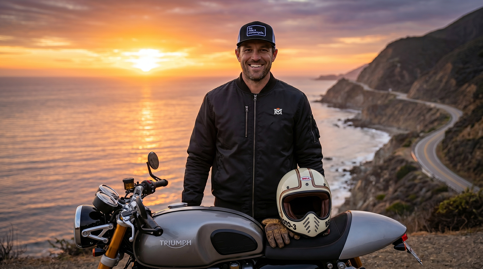 Man wearing a "Go ride a motorcycle" hat and Crown Moto bomber jacket standing with motorcycle with the sunset and ocean in the background and a winding road going off in the distance 