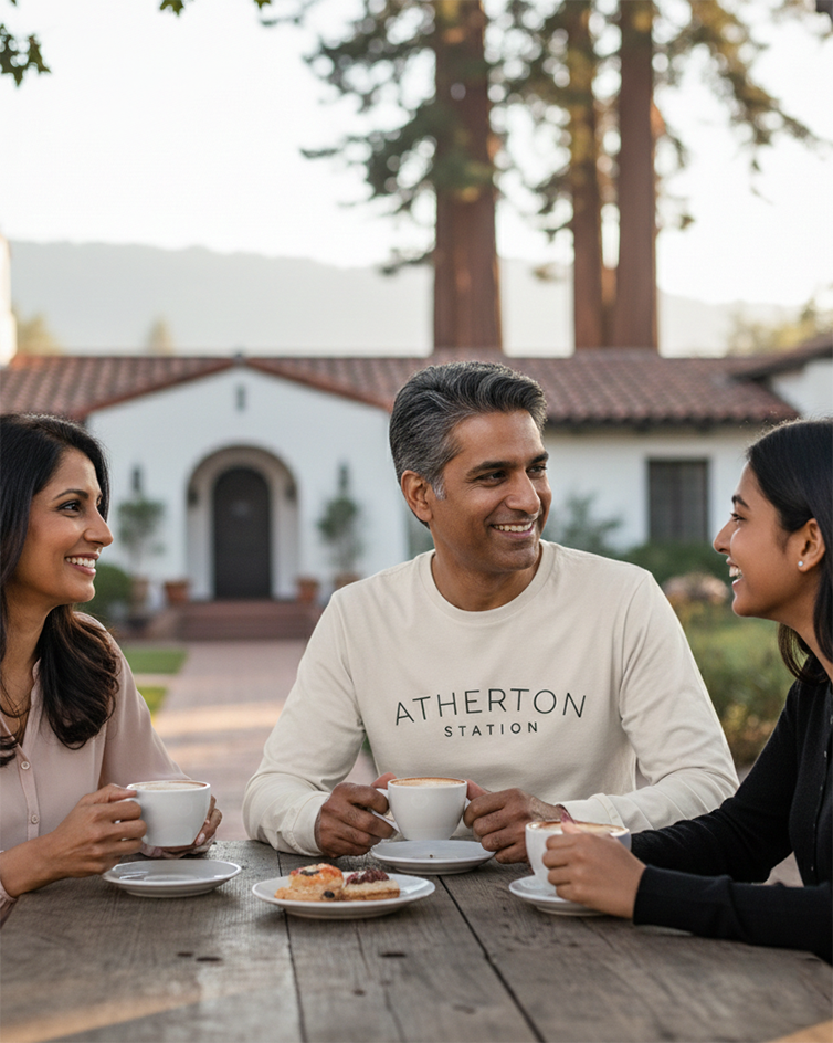 Family having coffee and the man is wearing an "Atherton Station' long sleeve t-shirt