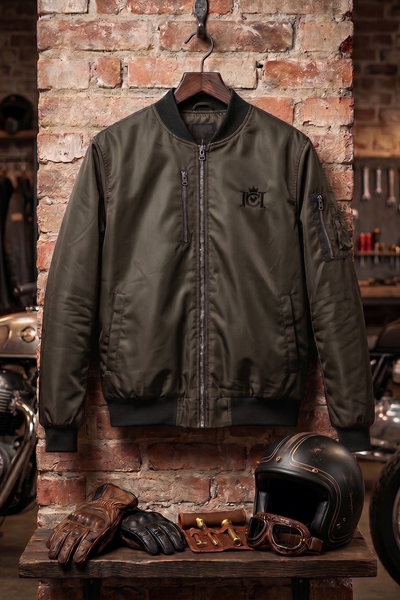 Crown Moto Kevlar Armored Bomber Motorcycle Jacket in dar with logo embroidered on chest olive green