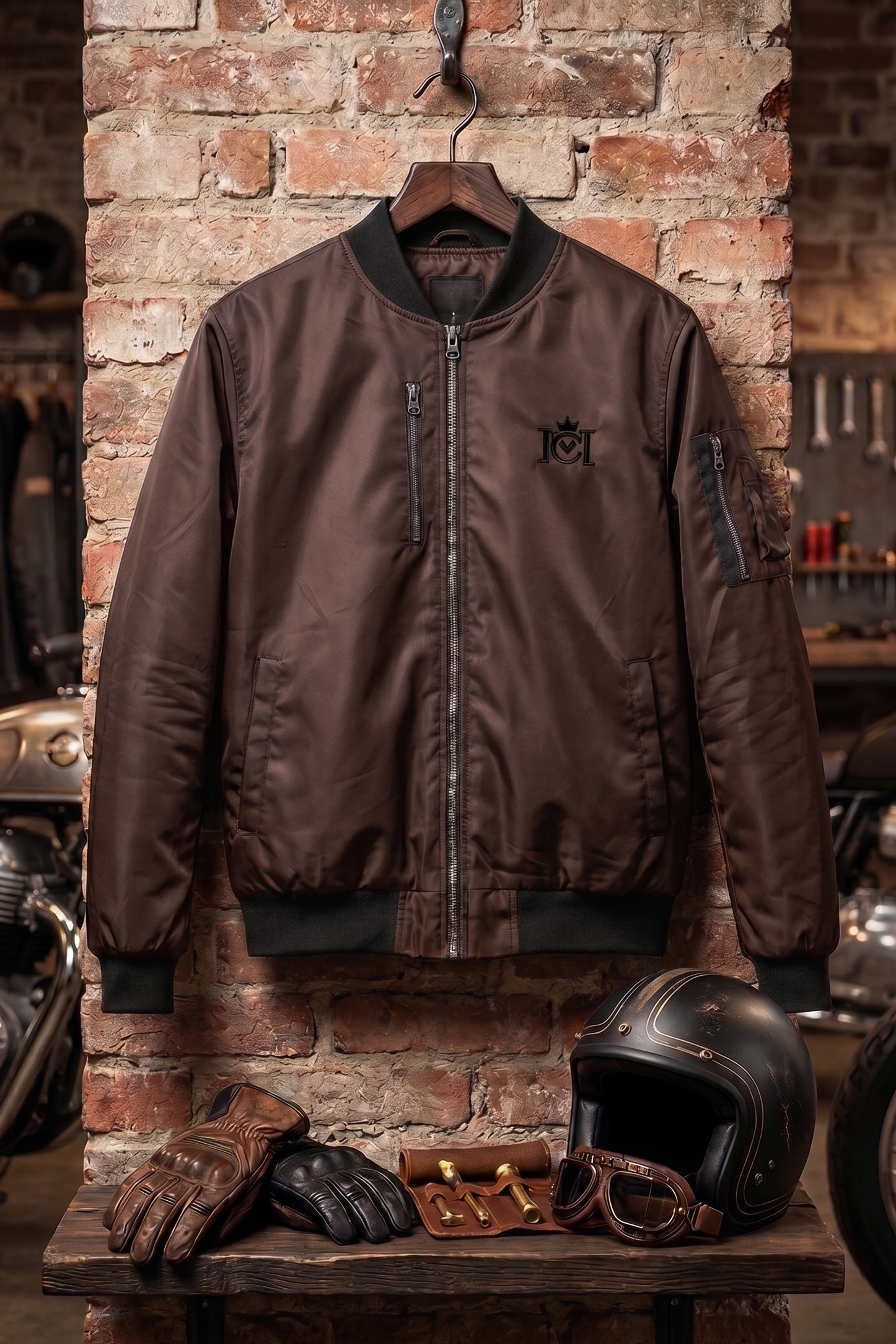 Crown Moto Kevlar Armored Bomber Motorcycle Jacket in bronze brown with logo embroidered on chest