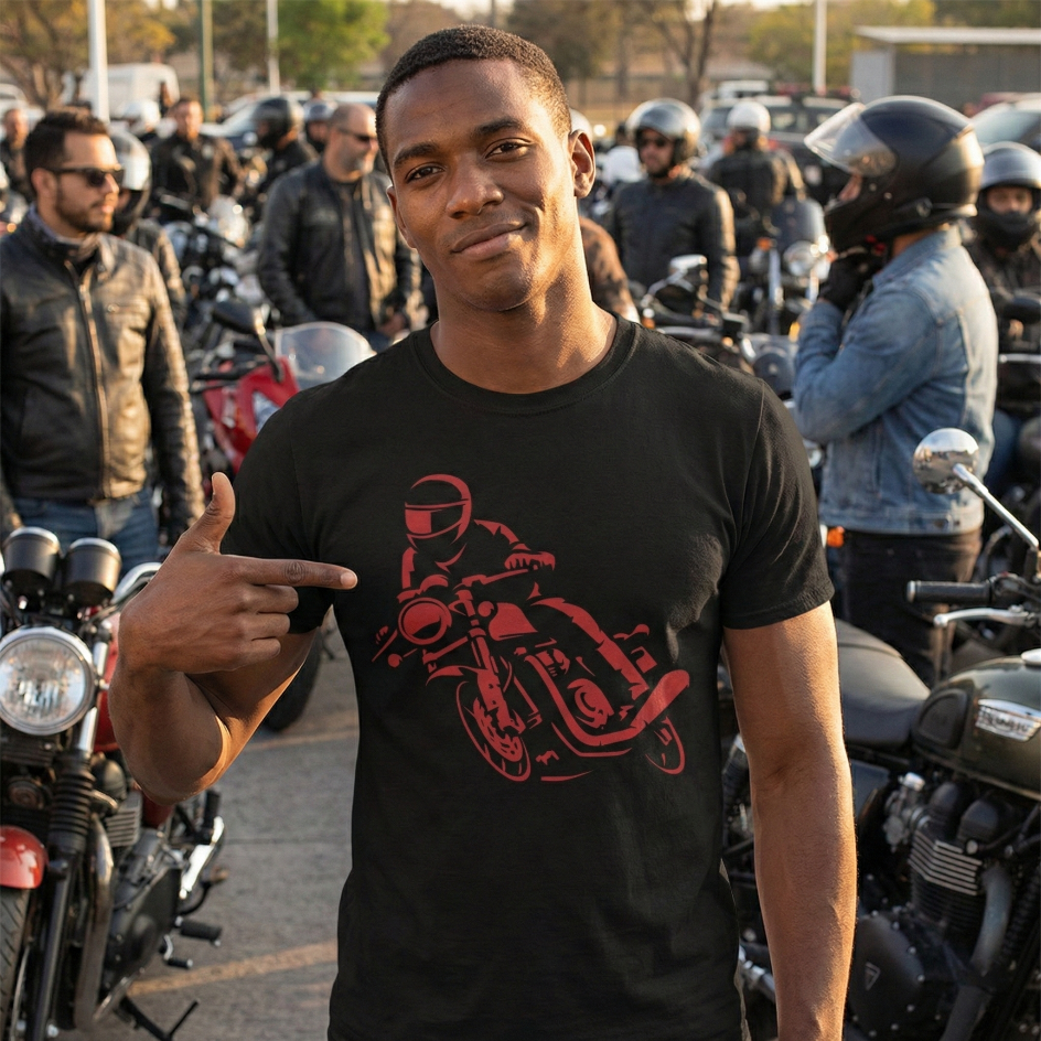 young black man wearing and pointing at his t-shirt with large red motorcyclist riding a motorcycle on the front 