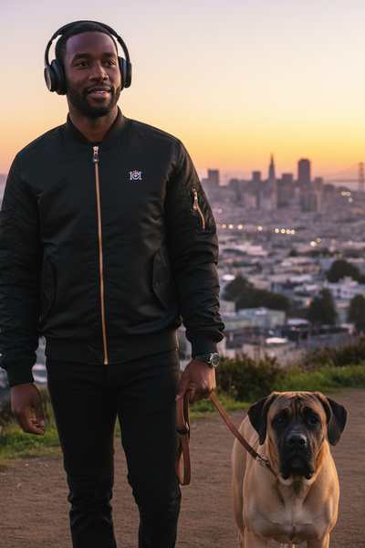 Man wearing a Crown Moto branded bomber jacket walking a dog with SF cityscape in the background during sunset
