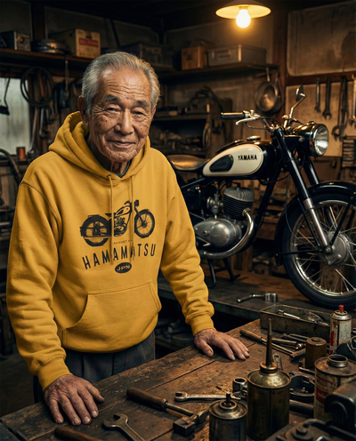 Man wearing a gold hoodie with 'Hamamatsu' logo in a workshop with a motorcycle.