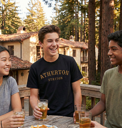 Three friends enjoying drinks together outdoors with a building and trees in the background.