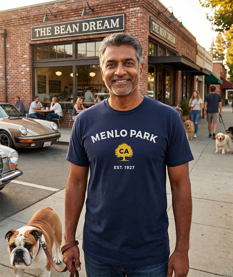 Man wearing a 'Menlo Park, CA' t-shirt standing on a sidewalk with a dog in front of a brick building.