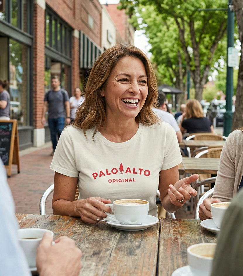 Woman in a 'Palo Alto Original' t-shirt enjoying a cup of coffee outdoors.