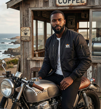 Man wearing a Crown Moto Armored Bomber jacket sitting on a cafe racer motorcycle in front of a rustic coffee shop with ocean view