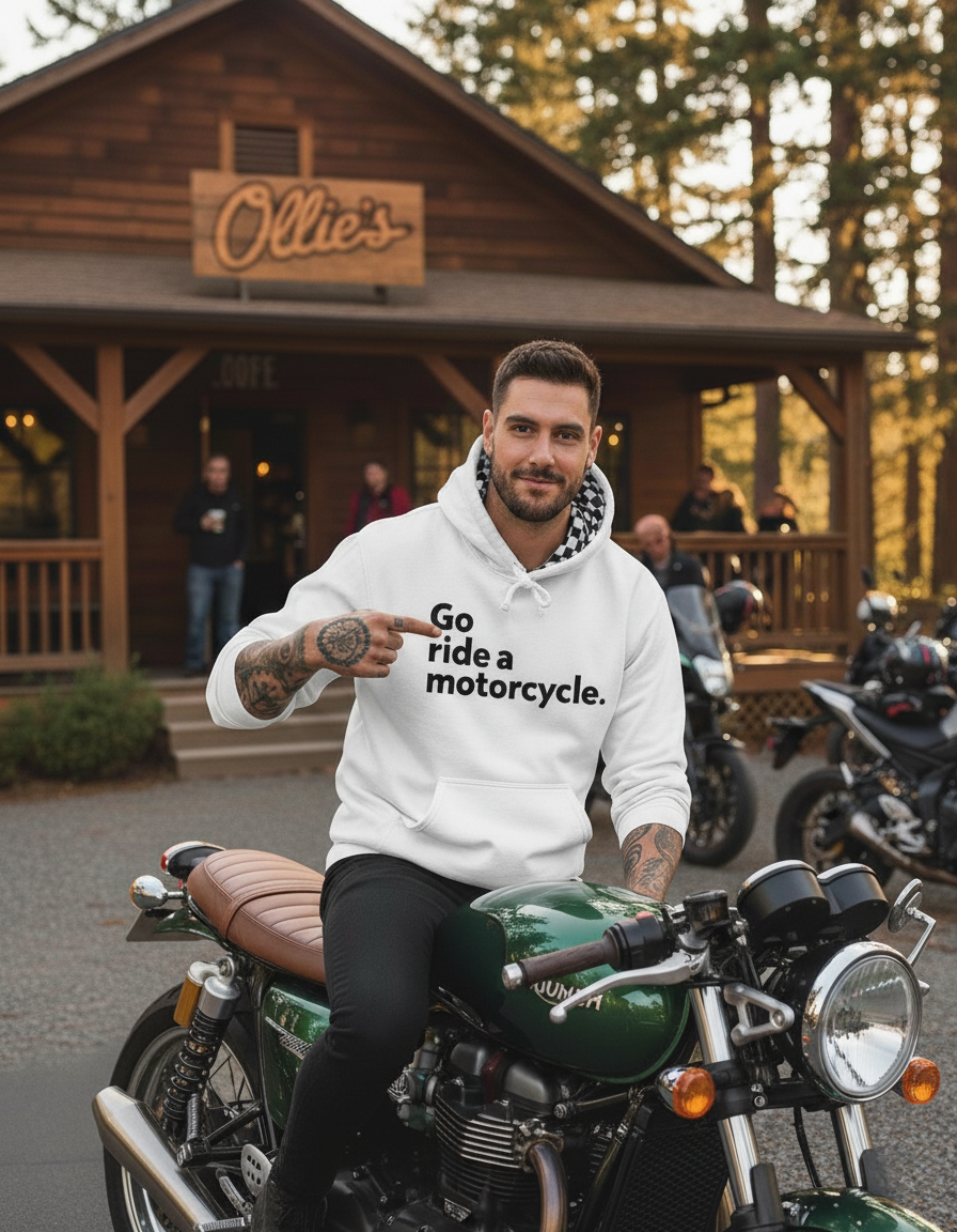 Man wearing a "Go ride a motorcycle" checkered flag hoodie sitting on a motorcycle in front of a rustic coffee shop