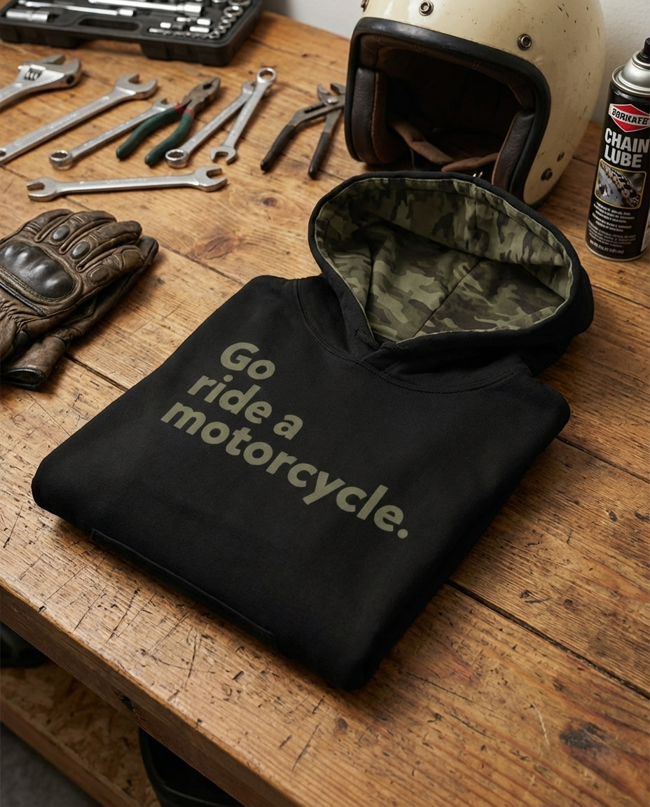 Black hoodie with 'Go ride a motorcycle.' text and camouflage lined hood on a wooden table with tools and a helmet.